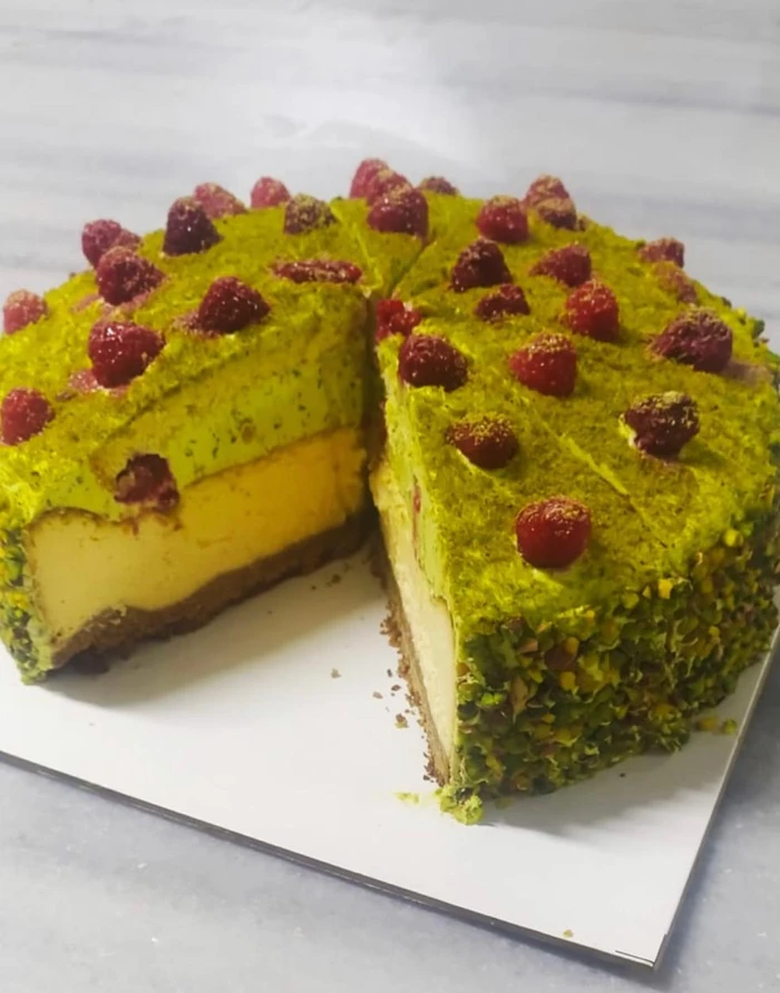 Raspberry Pistachio Baked Cheesecake